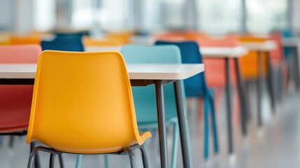 Poster - Colorful chairs and tables in a modern classroom or cafeteria