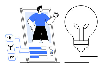Poster - fitness app user performing tasks displayed with activity icons and progress bars beside a large lig