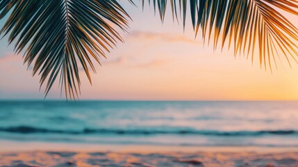 Poster - Palm leaves framing golden hour beach scene at sunset