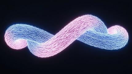 Abstract, glowing, twisted, ribbon-like form in vibrant pink and blue