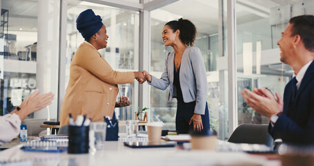 Poster - Shaking hands, meeting and business women in office with company deal, contract or merger. Negotiation, corporate partnership and female manager with employee for thank you handshake in workplace.