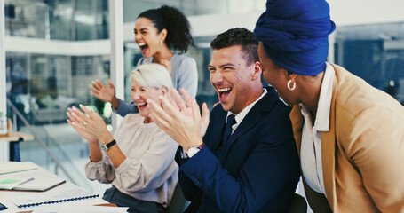 Poster - Clapping hands, good news and business people in office with teamwork, success or collaboration. Happy, celebration and financial advisors with applause for company investment approval in workplace.