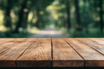 Poster - Empty wooden table showcasing blurred outdoor park and jogging path