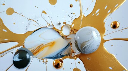 Poster - Chaotic luxury paint splatter with gold and silver tones on white canvas