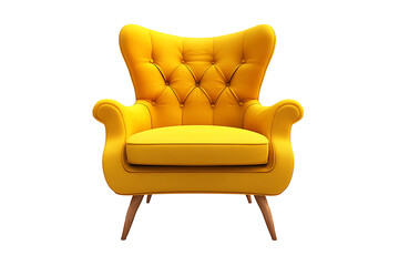 a vibrant yellow wingback chair with button tufting and wooden legs against black background studio 