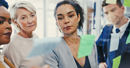 Aufkleber - Planning, glass wall and writing with business people in office for diversity or strategy. Brainstorming, collaboration and sticky notes with employee team in workplace for discussion or management