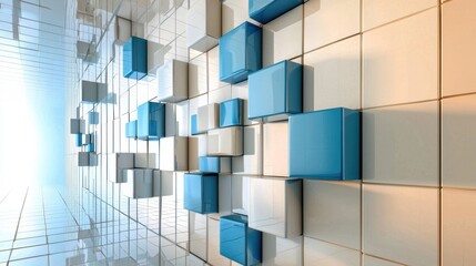 Poster - Contemporary design of varied blue squares in abstract pattern on white