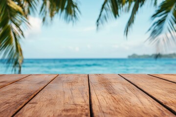 Poster - Wooden table overlooking tropical beach paradise with palm trees