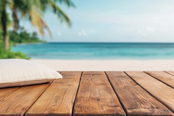 Poster - Wooden table displaying summer product placement potential on tropical beach