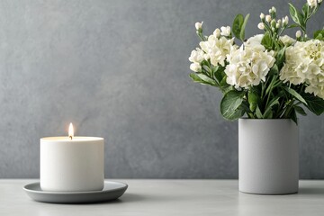 Aufkleber - Burning candle creating a relaxing atmosphere with white flowers