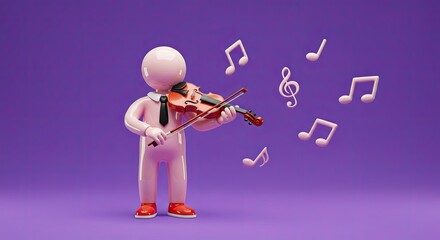 Fototapete - Pixelated figure playing violin with musical notes on purple background