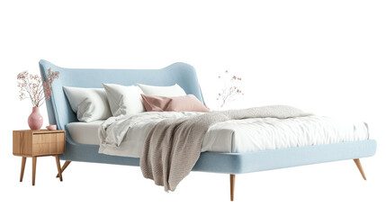 Poster - Serene bedroom setup featuring a light blue bed and minimalist bedside table isolated