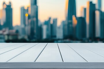 Aufkleber - White table overlooking vibrant cityscape at sunset: perfect for product placement