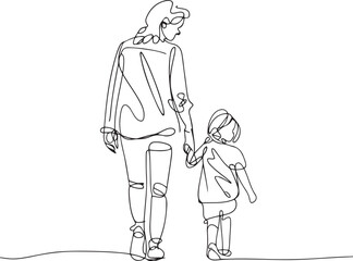 Wall Mural - minimalist vector illustration of a smiling mom walking with her daughter in a simple black line con
