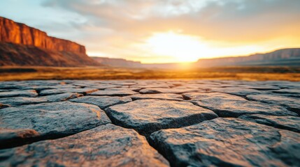 Poster - Textured rock surface in focus with canyon backdrop at sunset