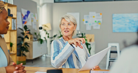 Poster - Discussion, documents and business woman in meeting for campaign manager, branding report and research. Feedback results, review and brainstorming with mature employee in office for creative startup