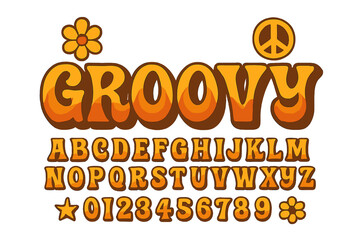 Aufkleber - Groovy typography design showcasing vibrant retro-style letters and numbers with floral and peace symbols