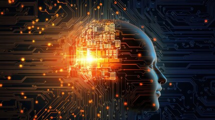Poster - Futuristic AI chip glowing on detailed digital circuit board background