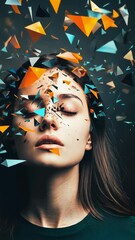 Aufkleber - Geometric shapes are exploding from a woman's head while she meditates with her eyes closed, suggesting a concept of mental breakdown or expansion of consciousness