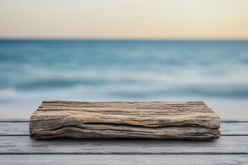 Poster - Weathered driftwood table displaying coastal or marine products with blurred ocean waves
