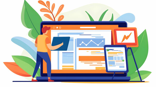 Man Using Laptop And Tablet, Colorful Illustration