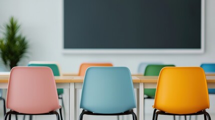 Poster - Colorful chairs and tables in an empty modern classroom facing a blank chalkboard