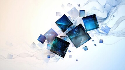 Poster - Layered blue square fragments digitally styled over a white canvas