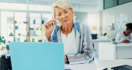 Aufkleber - Doubt, laptop and business woman in office with thinking for stock market feedback. Computer, ideas and mature female financial manager confused with email for investment planning in workplace.
