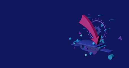 Poster - Pink down arrow on a pedestal of abstract geometric shapes floating in the air. Abstract concept art with flying shapes on the right. 3d illustration on indigo background