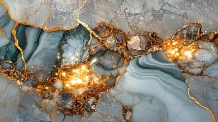 Poster - Mixed media style paint texture in gray, white, and vibrant gold bursts