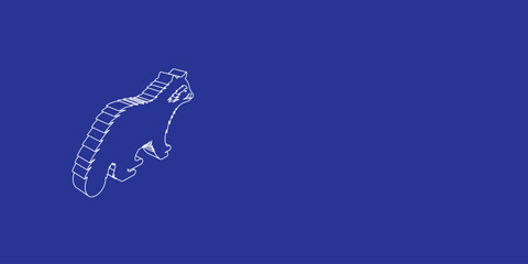 Poster - The outline of a large raccoon symbol made of white lines on the left. 3D view of the object in perspective. Vector illustration on indigo background
