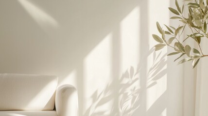 Poster - Sunlight summer minimal illuminating olive branch in white pot, casting shadows on minimalist beige wall, creating serene and modern abstract aesthetic background