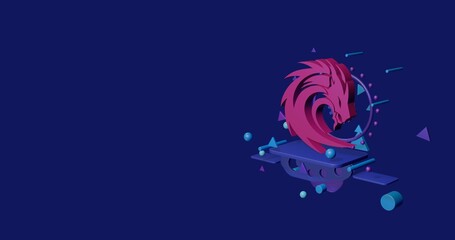 Poster - Pink dragon's head symbol on a pedestal of abstract geometric shapes floating in the air. Abstract concept art with flying shapes on the right. 3d illustration on indigo background