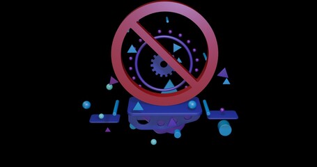 Poster - Red no parking sign on a pedestal of abstract geometric shapes floating in the air. Abstract concept art with flying shapes in the center. 3d illustration on black background