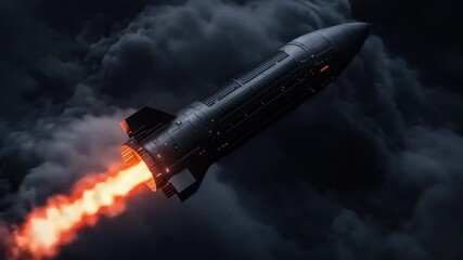 Poster - Rocket Launching Into Space with Bright Flames and Dramatic Clouds in Background