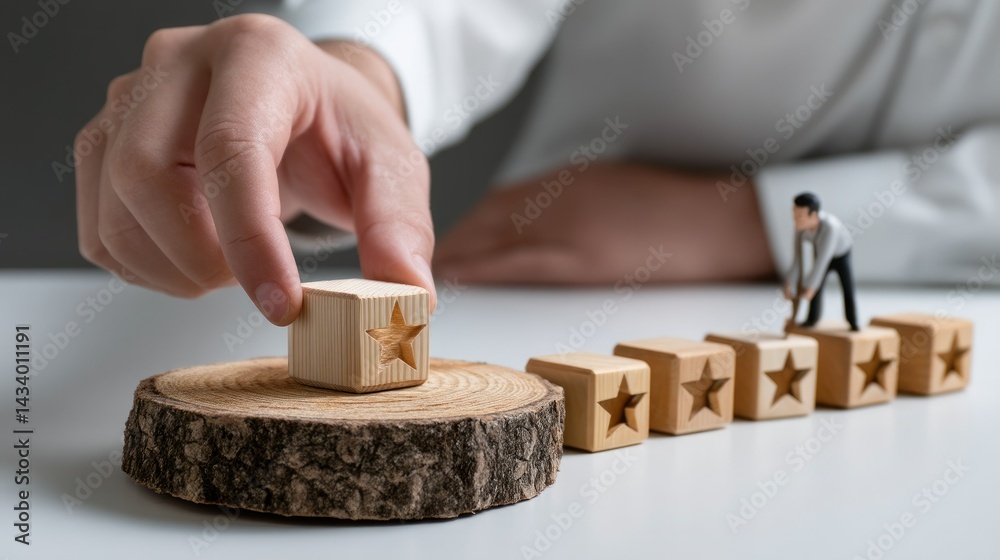 Building Success Block by Block: A hand carefully places a star-marked ...