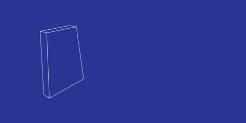 Poster - the outline of a large trapezium symbol made of white lines on the left. 3d view of the object in pe