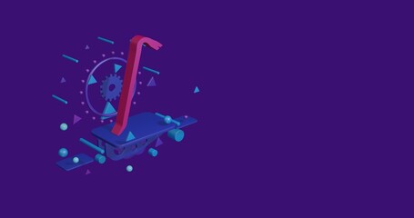 Poster - Pink crowbar symbol on a pedestal of abstract geometric shapes floating in the air. Abstract concept art with flying shapes on the left. 3d illustration on deep purple background