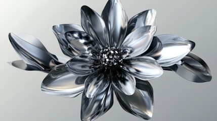 Fototapete - Reflective Metallic Flower 3D Render Sleek Petals and Gray Gradient Background