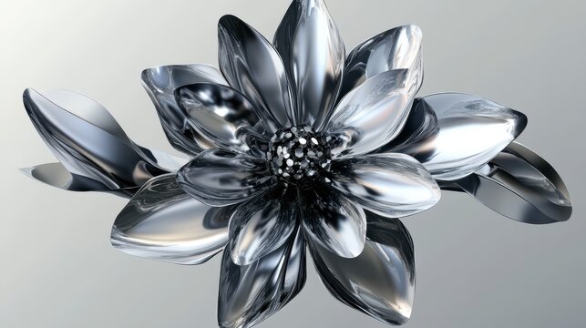Reflective Metallic Flower 3D Render Sleek Petals and Gray Gradient Background