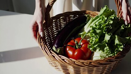 Poster - Woman nutritionist in white dress presenting a wicker basket full of fresh organic vegetables like lettuce, tomato and eggplant, healthy eating and balanced diet concept