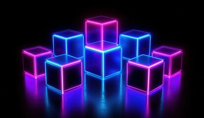Fototapete - Neon glowing cubes in blue and pink on a reflective black surface