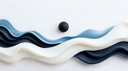 Poster - Abstract Blue and White Waves with Black Sphere on White Background
