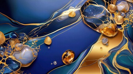 Poster - Rich gold and navy marbling ink design with fluid, organic motion