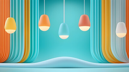 Poster - Abstract Teal and Orange Cylinders Display with Hanging Lights