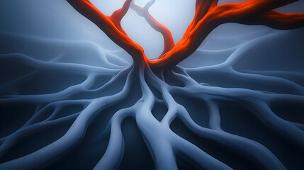 Poster - Abstract Tree Roots Digital Art: Intricate Orange and Blue Network