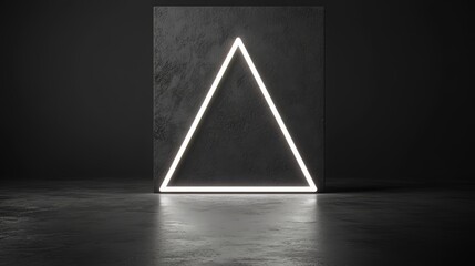 Poster - Black and white photo of a triangle with neon lights. The triangle is lit up and he is a part of a larger structure. Scene is mysterious and intriguing