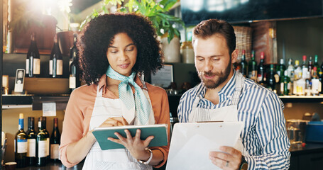 Poster - Happy, entrepreneur and team with tablet, cafe and review of order for inventory, people or discussion. Small business, woman and man with tech for sales, clipboard and colleagues with app in startup