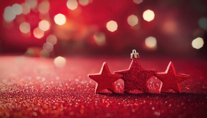 Poster - red christmas decorations with glittery stars and baubles for festive design, branding, and print media use