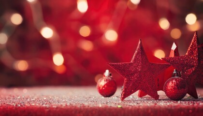 Poster - red christmas decorations with glittery stars and baubles for festive design, branding, and print media use